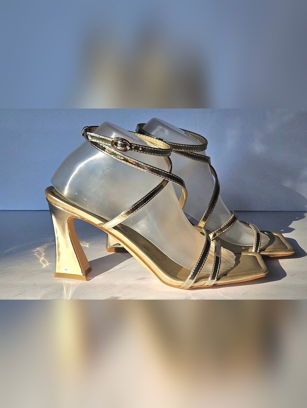 Marc Fisher Mahima Gold Strappy Heeled Sandals Square Toe Women's Size 10M - Picture 2 of 15